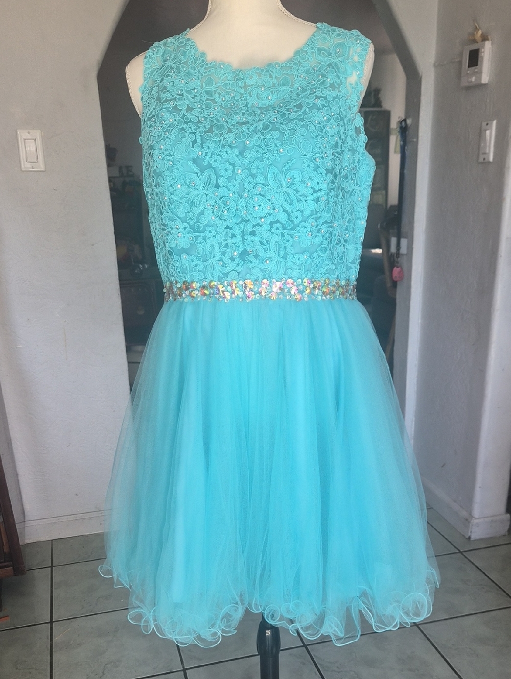May Queen Aqua Lace & Tulle Prom Dress with Sequin Waistband